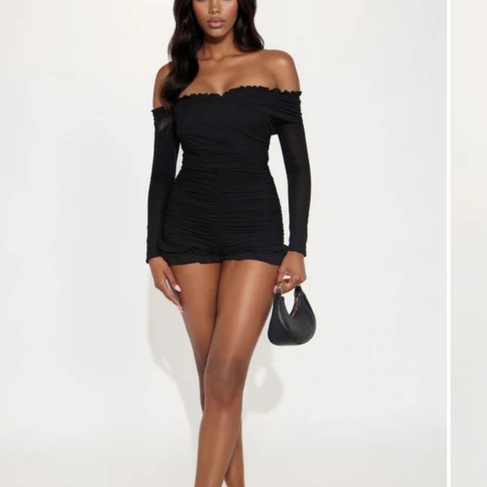 Fashion Nova Black Off-Shoulder Ruched Mini Romper